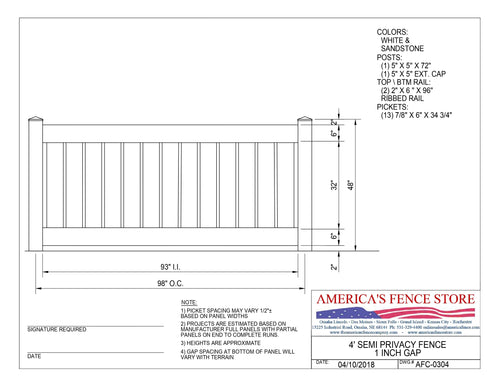 4' Tall x 8' Wide Semi Privacy Vinyl Fence with 1" Air Space, AFC-0304 - White