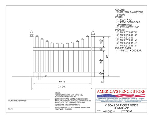 4' Tall x 6' Wide Underscallop Picket Fence with 3" Air Space, K-97 - White