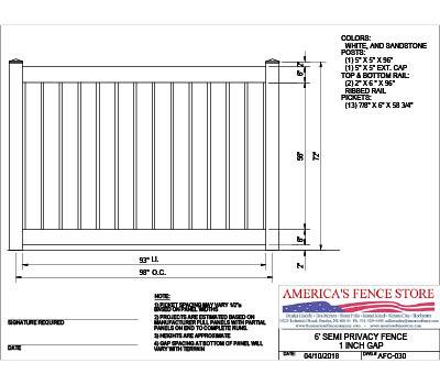 6' Tall x 8' Wide Semi Private Fence with 2 Rails - AFC-030