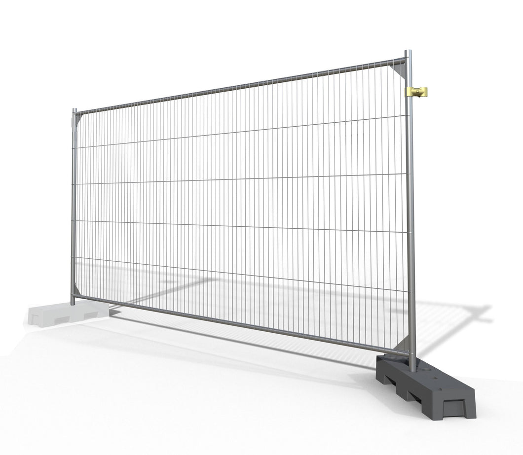 6.5' x 11.5' temporary fence panel kit with sturdy galvanized steel frame, vertical wire mesh, and weighted feet for secure construction site barriers.