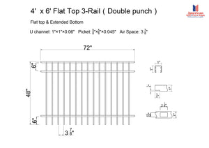 Ornamental Aluminum Flat Top 6' Wide x 4' Tall 3-Rail Fence Panel with 3-7/8" Air Space