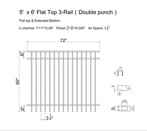 Ornamental Aluminum Flat Top 6' Wide x 5' Tall 3-Rail Fence Panel with 3-7/8" Air Space