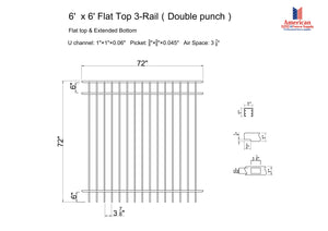 Ornamental Aluminum Flat Top 6' Wide x 6' Tall 3-Rail Fence Panel with 3-7/8" Air Space