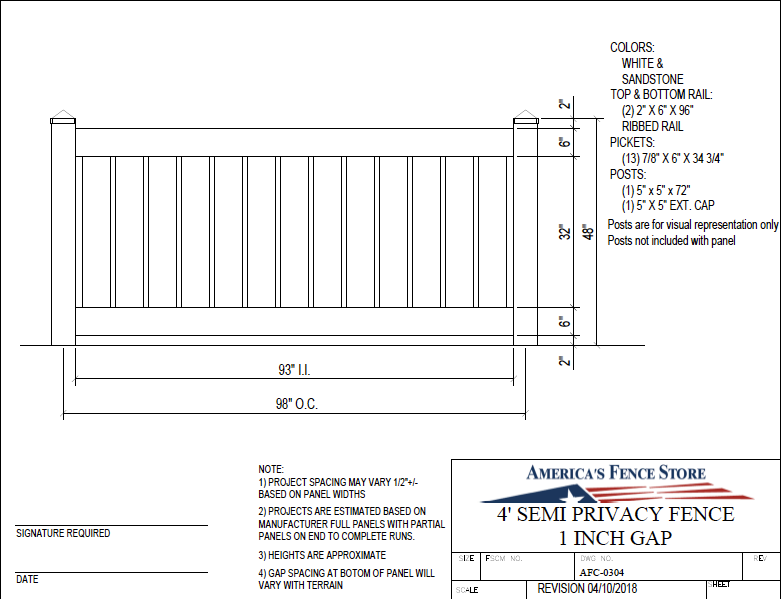 4' Tall x 8' Wide Semi Privacy Vinyl Fence with 1