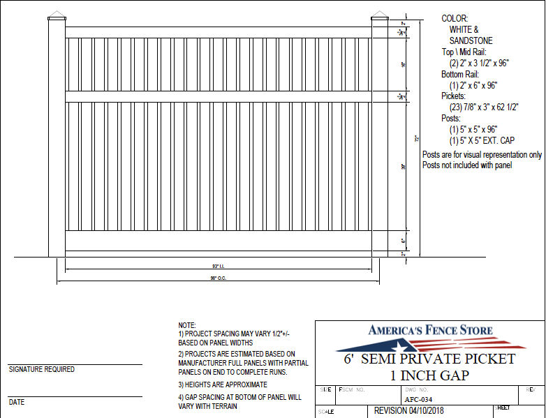 6' Tall x 8' Wide Semi Private Fence with 3 Rails - AFC-034