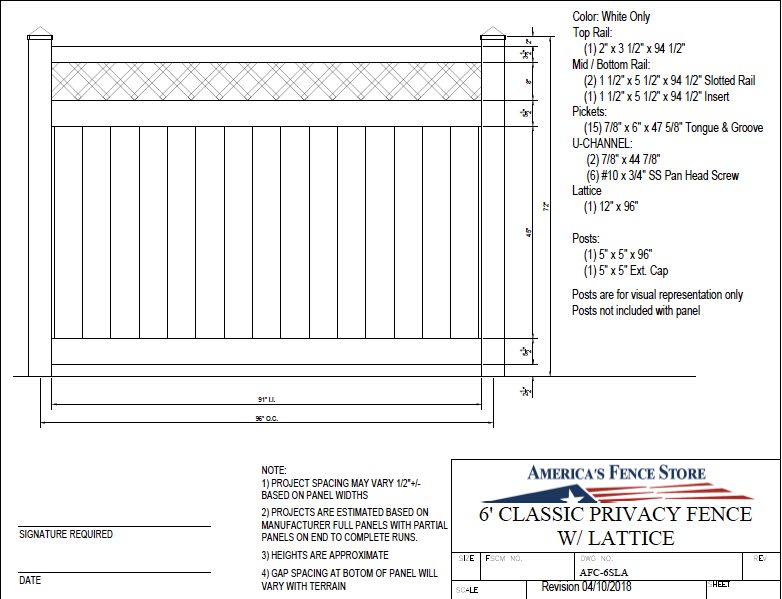 AFC6SLA   6' Tall x 8' Wide Privacy Fence with Lattice Accent