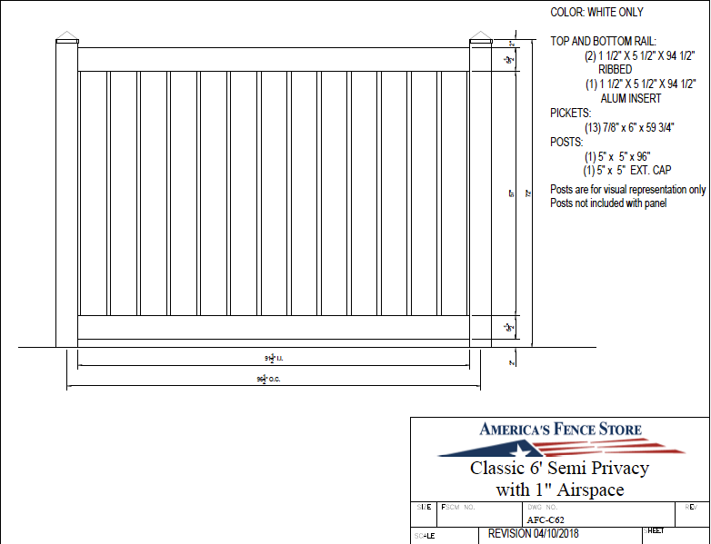 AFCC62   6' Tall x 8' Wide Semi Private Fence with 1