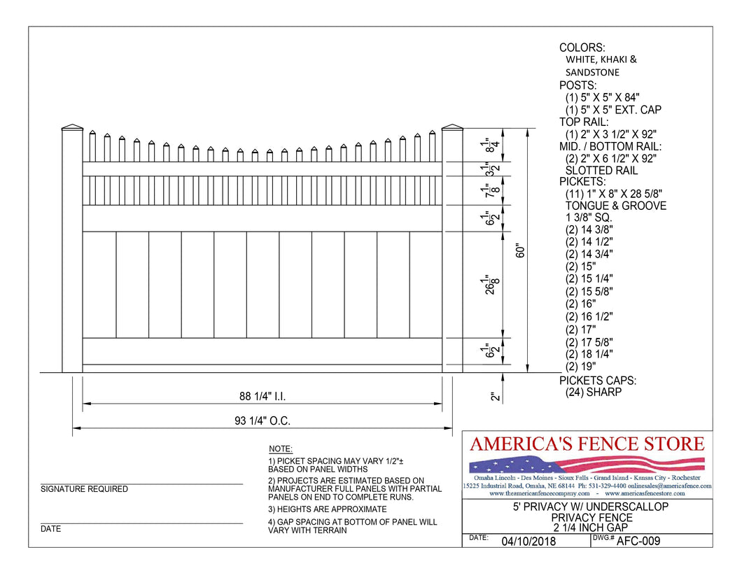 5' Tall x 8' Wide Underscallop Privacy Fence with 2-1/4