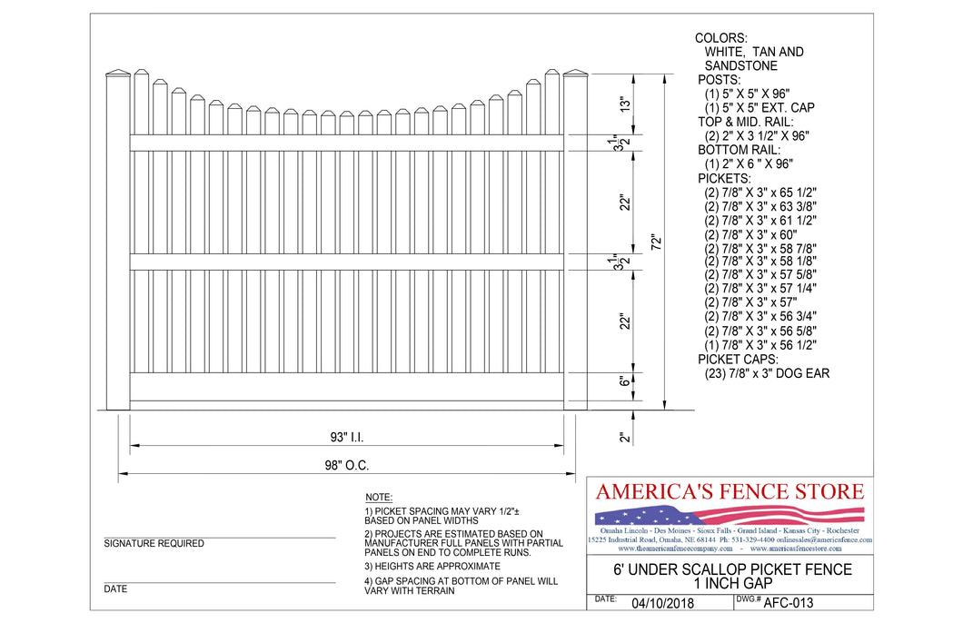 6' Tall x 8' Wide Underscallop Picket Fence with 1