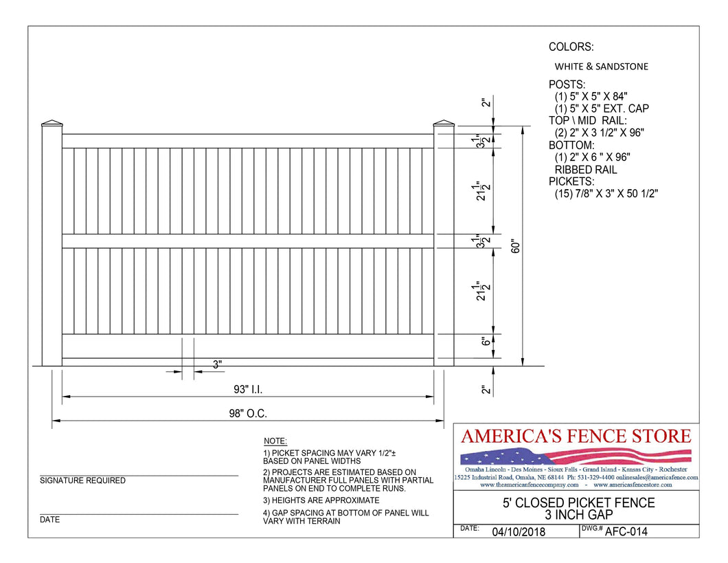 5' Tall x 8' Wide Closed Picket Fence with 3