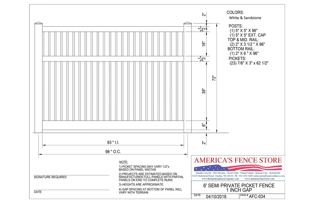 6' Tall x 8' Wide Semi Private Fence with 3 Rails, AFC-034