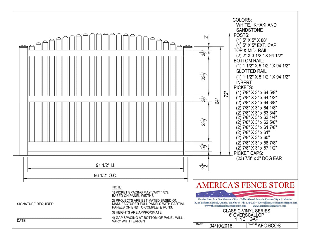 6' Tall x 8' Wide Overscallop Fence with 1