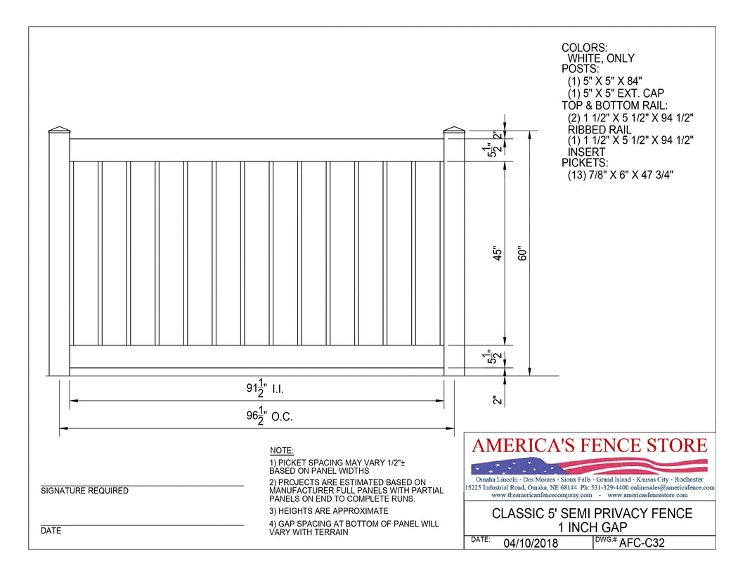 5' Tall x 8' Wide Semi Privacy Fence, AFC-C32