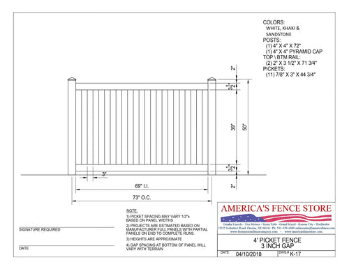 4' Tall x 6' Wide Closed Picket Fence with 3