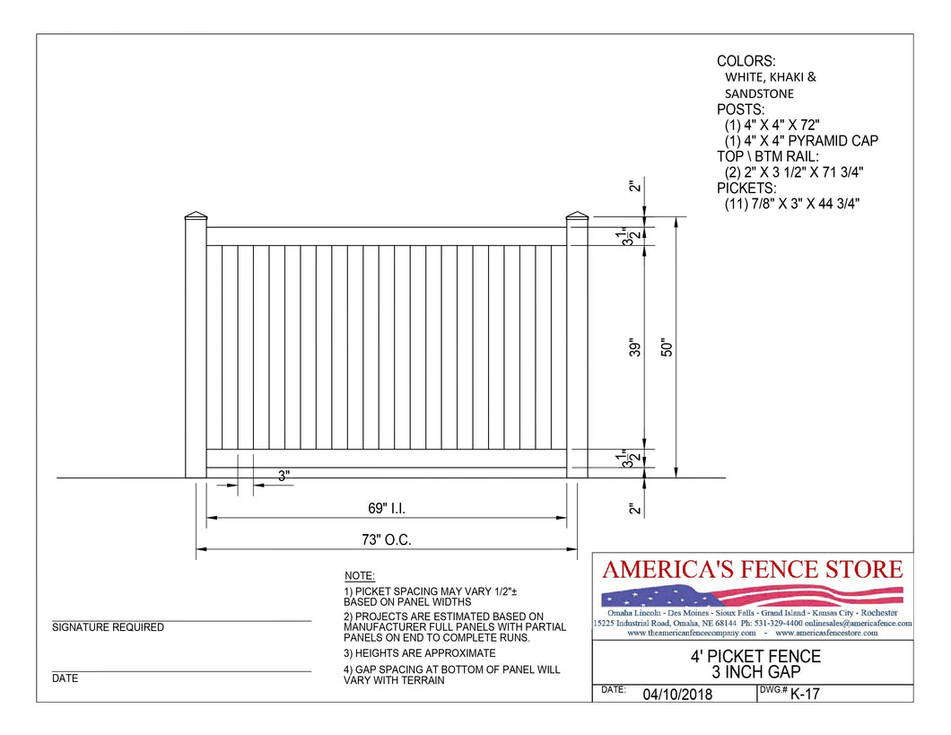 4' Tall x 6' Wide Closed Picket Fence with 3