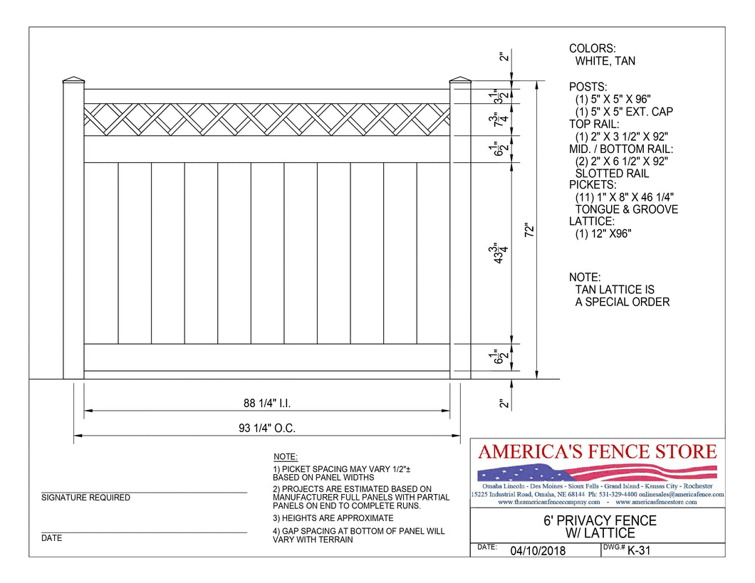 6' Tall x 8' Wide Privacy Fence with Lattice Accent, K-31