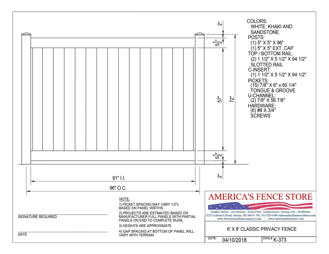 6' Tall x 8' Wide Privacy Fence, K-373