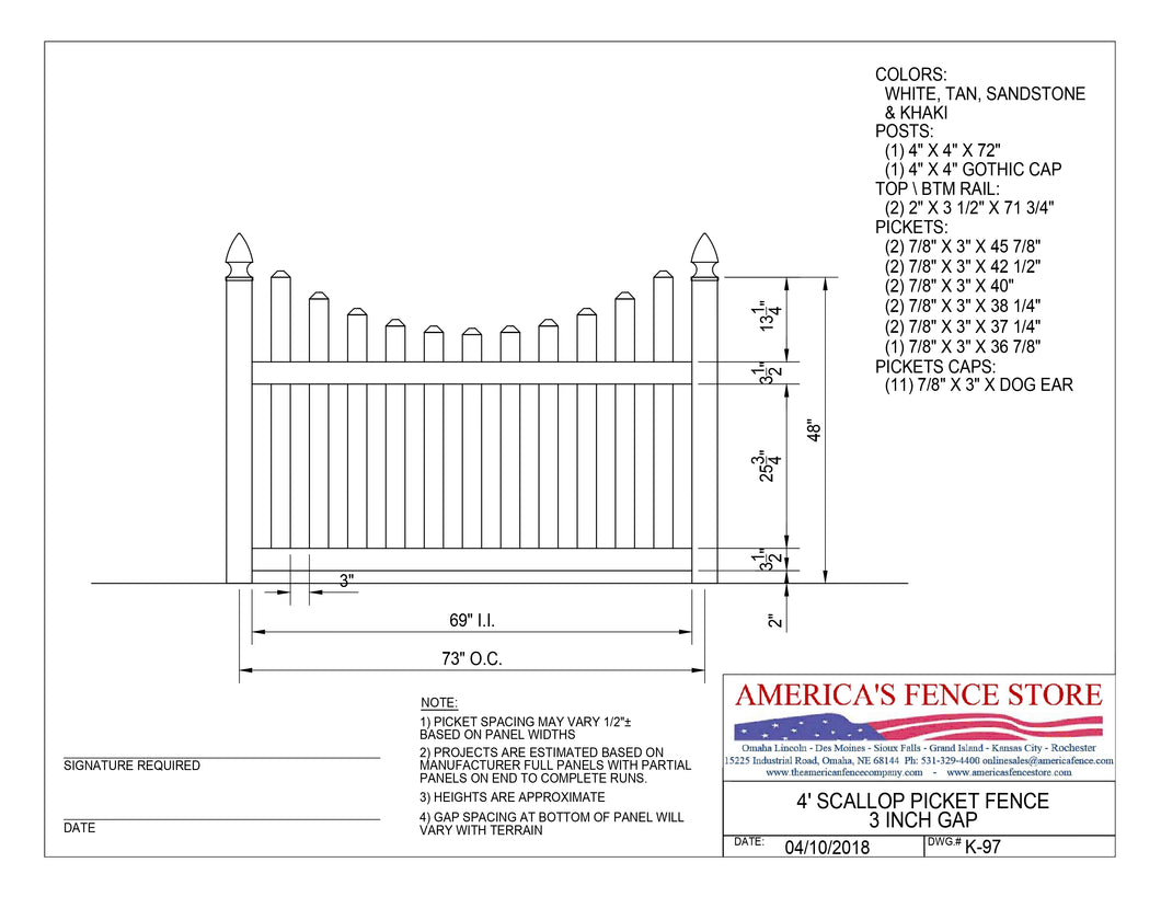 4' Tall x 6' Wide Underscallop Picket Fence with 3