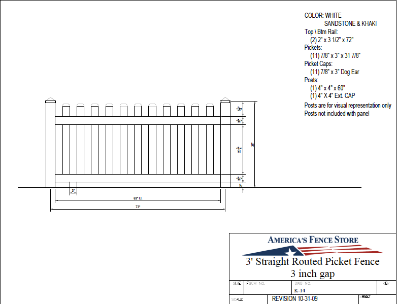 K-14   3' Tall x 6' Wide Tall x 6' Wide Straight Routed Picket Fence with 3