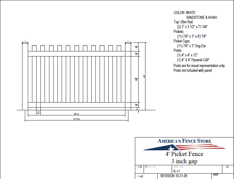 K-15   4' Tall x 6' Wide Picket Fence with 3