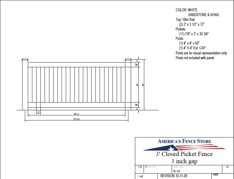 K-16   3' Tall x 6' Wide Closed Picket Fence with 3