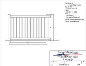 K-17   4' Tall x 6' Wide Closed Picket Fence with 3" Air Space