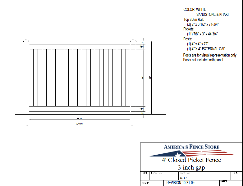 K-17   4' Tall x 6' Wide Closed Picket Fence with 3