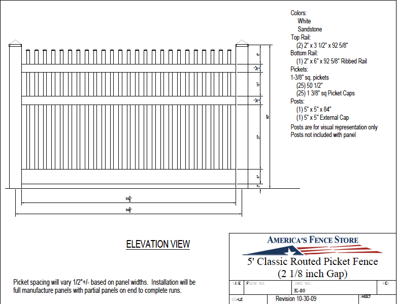 5' Classic Routed Picket Fence Panel, K-80