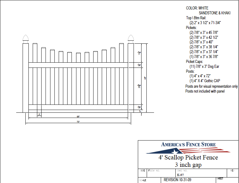 K-97   4' Tall x 6' Wide Underscallop Picket Fence with 3