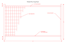 Technical drawing of a welded wire temporary fence panel with galvanized rails and welded wire mesh, detailing dimensions and construction specifications.