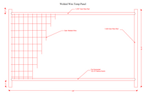 Welded wire temporary fence panel blueprint with galvanized steel rails and mesh, showing precise measurements and construction details for fencing installation.