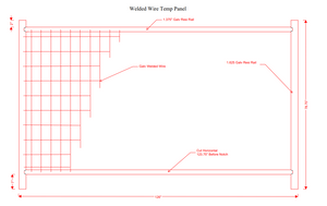 Welded wire temporary fence panel blueprint with galvanized steel rails and mesh, showing precise measurements and construction details for fencing installation.