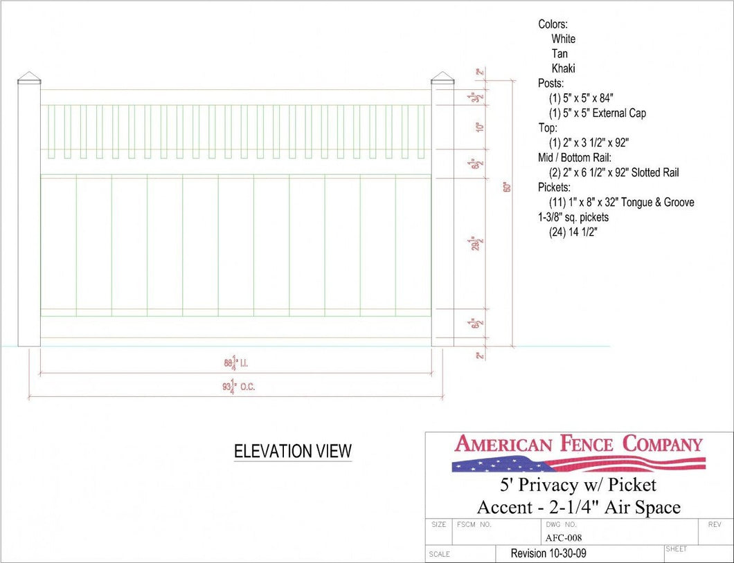 AFC-008   5' Tall x 8' Wide Privacy Fence with Picket Accent with 2-1/4