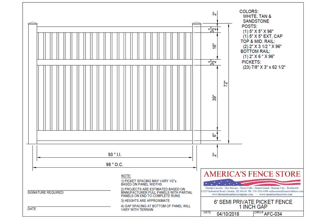 AFC-034   6' Tall x 8' Wide Semi Private Fence with 1