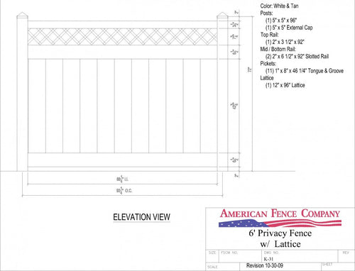 K-31   6' Tall x 8' Wide Privacy Fence with Lattice Accent - White