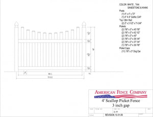 K-97   4' Tall x 6' Wide Underscallop Picket Fence with 3" Air Space